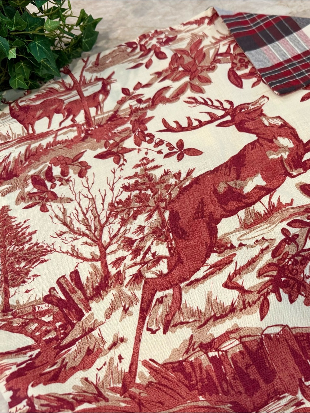 Pottery Barn Red Alpine Toile Stag Pillow Cover Reversible Plaid Back Rare New